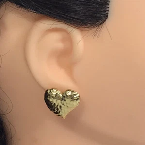 Chunky Vintage Gold Tone Earrings Textured Thick Heart Shaped Shiny Bold - Picture 1 of 4