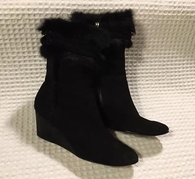 gorgeous TARYN ROSE Kissy Fur Trim Black Suede Wedge High Heels Booties Boots 11 - Image 1 of 4