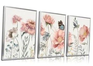 3pcs Pink Peony Floral Canvas Wall Art Butterfly Blossom 12x16in posters - Picture 1 of 7