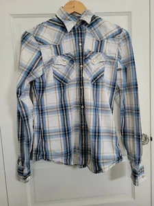 Men's Hollister Plaid Western Pearl Snap Shirt Long Sleeve Cotton Sz S EUC - Picture 1 of 9