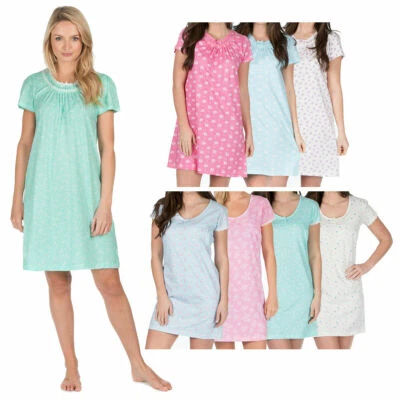 COTTONIQUE Women's Short Sleeve Scoop Neck Nightdress Knee Length Nightie Nightshirt NEW