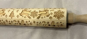 Christmas Rolling Pin Engraved Carved Wood Xmas Embossing Baking Deer Xmas - Picture 1 of 3
