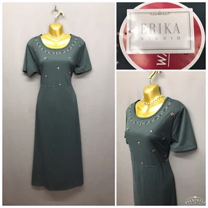 NEW ERIKA STUDIO Long Green Embroidered Tea Dress Medium With Tag - Picture 1 of 14