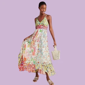 Maxi Vestido de Sol Floral Anthropologie Malibú Multicolor Talla "2" S 33-36" Busto 5I - Imagen 1 de 14