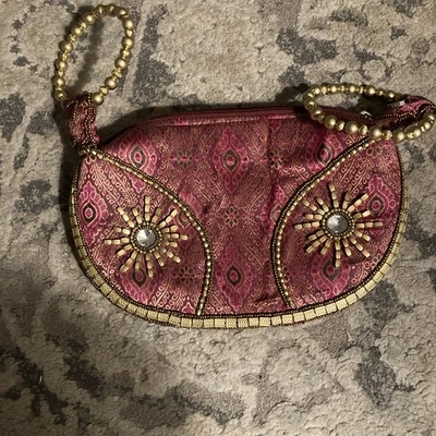 Bolso de muñeca Fortune Cookie.Pequeño bolso de mano púrpura y dorado con cuentas  Foto 1 de 4