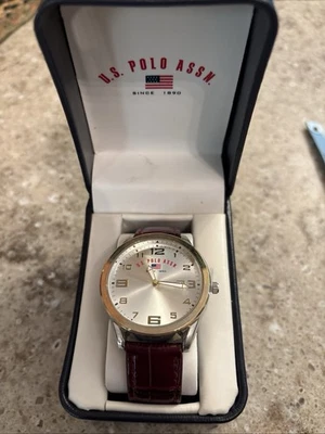 US Polo Assn Men’s Watch Brown Leather Band New In Box Untested - Image 1 of 4