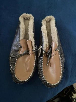 Men's Leather Moccasin Slippers with Faux Fur Lining - Image 1 of 2