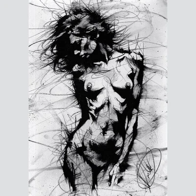 Female nude ORIGINAL charcoal drawing street art urban style girl lady pinup - Image 1 of 4