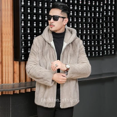 Men's Velvet Hooded Jacket Casual Faux Fur Warm Coat Thickened Mink Windbreaker - Image 1 of 4