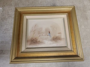 ORIGINAL ÖLGEMÄLDE PHILIP SANDEE MÄDCHEN AUF BUCHE gerahmt 16x14 Möwen Wellen - Bild 1 von 4