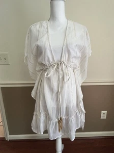 True Destinations Kaftan Coverup SMALL Striped Ivory Gold Beach Boho Summer - Picture 1 of 9