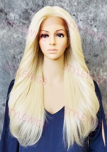 Hellblonde lange glatte Hitze OK Lace Front Echthaar Mischung Perücke EVFL 613 - Bild 1 von 8