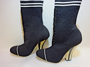 Fendi Rockoko Sock Boots Women’s Size 6.5 Au. EU 37.5 Black Knit Block Heels - Picture 1 of 15