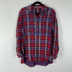 Free People magisches besticktes kariertes Button Down Hemd Langarm rot blau XS - Bild 1 von 11