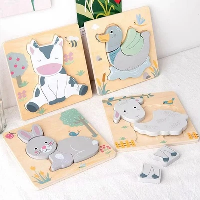 Wooden Animal Puzzle Set Toddlers 4 Pack Farm Animals Montessori Educational Toy - Image 1 of 4