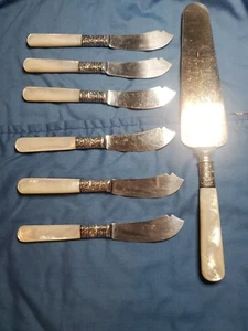 1855 Meriden Cutlery Co Cake Server And 6 Fish Knives With Mop Handles - Picture 1 of 11