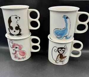 Fred Roberts Coffee Mug Set 1960s Monkey Elephant Ceramic Child Cup RARE 4pc - Picture 1 of 14