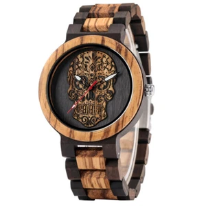 Wooden Watches for Men Skull Dial Steampunk Bracelet Full Wood Strap Wristwatch - Picture 1 of 10
