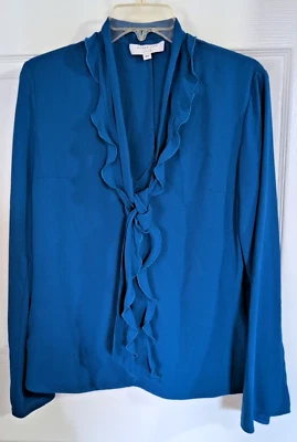 Blusa Top Derek Lam Collective Talla 42 4 EE. UU. Azul con Volantes Manga Larga Cuello en V Foto 1 de 4