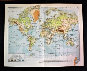 1902 Original Landkarte..Händlerprojektion Physikalische Erde.Meyers.. - Bild 1 von 1
