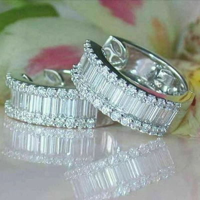 2.00 Ct Baguette-Round Cut Diamond Simulated Hoop Earrings 925 Sterling Silver - Image 1 of 3