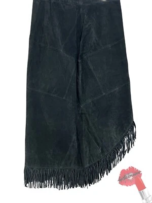 Vintage Suede Fringe Skirt Women Large Black Asymmetrical Faux Midi Boho Western - Image 1 of 4