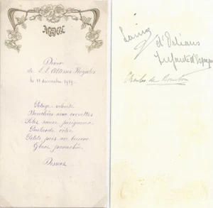 MENU 1919 SIGNED LOUISE D'ORLEANS INFANTA OF SPAIN & CHARLES DE BOURBON - FRANCE - Picture 1 of 1