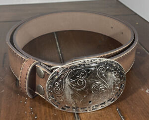 Vera Pelle Brown Genuine Leather Belt Oval Silver Buckle Large 36”-38” Western