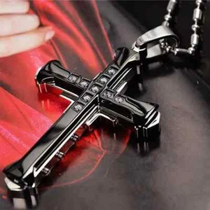 Herren Damen Unisex Kreuz Anhänger Kette Halskette Kette Schmuck Mode Schwarz - Bild 1 von 2