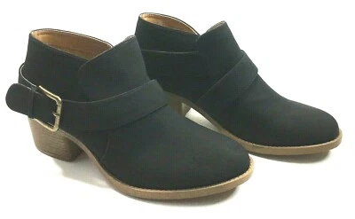 New Qupid Womens Size 9 Ankle Booties Black Suede Side Buckle Slip On Stack Heel - Image 1 of 4