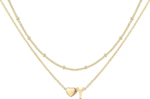 Layered Initial Necklace for Women 18K Gold Plated Stainless Steel Beaded Chain - Picture 1 of 7