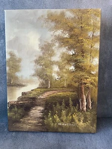 Vintage Oil On Canvas Landscape Painting Forest Spring River Scene Mid Century - Picture 1 of 5