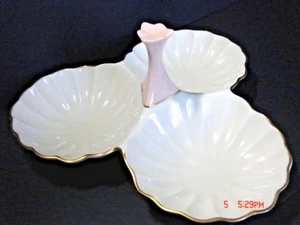 VTG Lenox 3 Section Condiment /Nut /Candy Dish Salmon & Ivory Beige w/Gold Trim - Picture 1 of 7