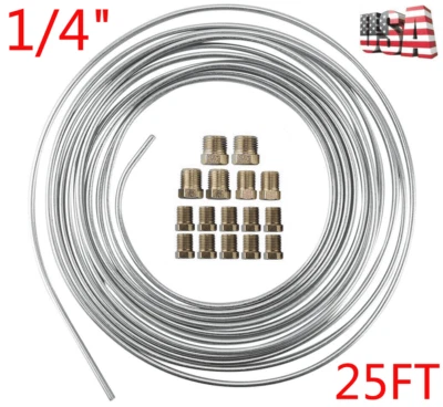 Kit de tubería de línea de freno de hierro zinc níquel rollo de bobina de 1/4" OD 25 FT con accesorios de todos los tamaños Foto 1 de 4