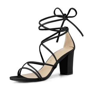 NIB Allegra K Black Strappy Lace Up Chunky Heel Sandals Size 9 - Picture 1 of 5