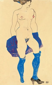 Egon Schiele "Stehende Frau mit Schuen und Str?mpfen" Blue Artwork Fine Art - Picture 1 of 4