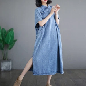 Lady Ethnic Dress Midi Denim Loose Casual Short Sleeve Frog Button Cheongsam New - Picture 1 of 13