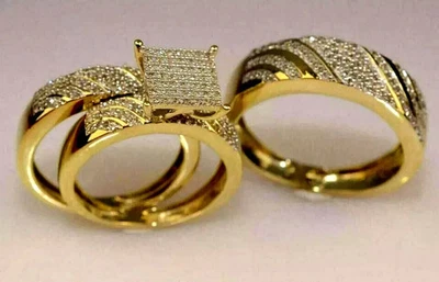 3 Ct Round Cut White Moissanite His/Her Trio Set Ring 14k Yellow Gold Plated - Image 1 of 3