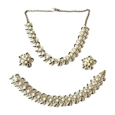 1950's Demi Parure Necklace Bracelet Earring Set Rhinestone Pearl Silver Plated  - Image 1 of 4