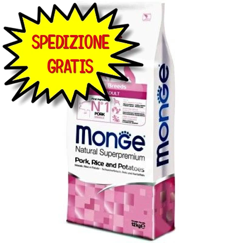 MONGE CANE CROCCHETTA ALL BREEDS ADULTO MAIALE, RISO E PATATE 12 KG - Immagine 1 di 1
