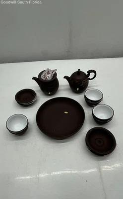 Set Of 8 Pcs Brown Tableware Scroll Handle Lidded Tea Pot Cups With Round Plate - Image 1 of 4