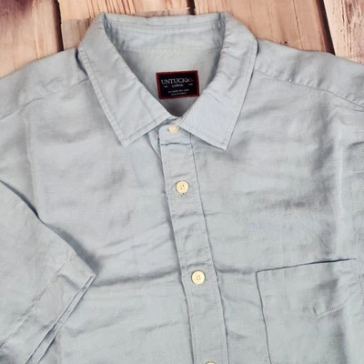 UNTUCKit Shirt Mens Large Hewitt Blue Linen Tencel Blend Button Up Short Sleeve - Image 1 of 4