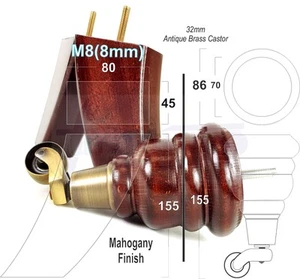 Mahogany Wood Furniture Feet 2 Antique Brass Castors 155mm 2 Curved Back Legs M8 - Picture 1 of 24