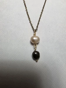 Artisan Natural Black and White Pearls on Vintage Chain, Springr. Clasp Necklace - Picture 1 of 7