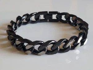 Black Silver Stainless Steel 11mm Cuban Bracelet Stylish Biker Heavy 8" Bracelet - Picture 1 of 3