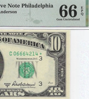 1950B $10 PHILADELPHIA *STAR* ⭐️ FRN PMG GEM Uncirculated 66 EPQ Banknote 1 of 2 - Image 1 of 3