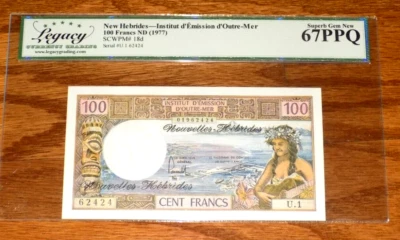 NEW HEBRIDES 100 Francs 1977 P-18d LEGACY CURRENCY 67 PPQ Superb Gem UNC NOTE - Image 1 of 4