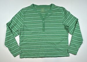 LL Bean Top Shirt Women Small Regular Striped Henley Long Sleeve Green Cotton
