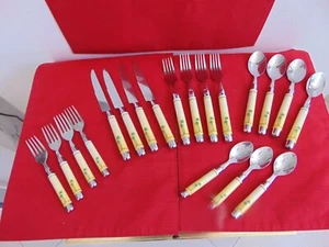 PALM TREES CAMBRIDGE FLATWARE SET-STAINLESS W YELLOW PLASTIC/ACRYLIC 19 PIECES - Picture 1 of 16