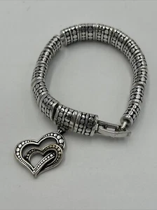 BRIGHTON Double Heart Charm Dot Silvertone Link Beautiful Heavy Weight Bracelet - Picture 1 of 7